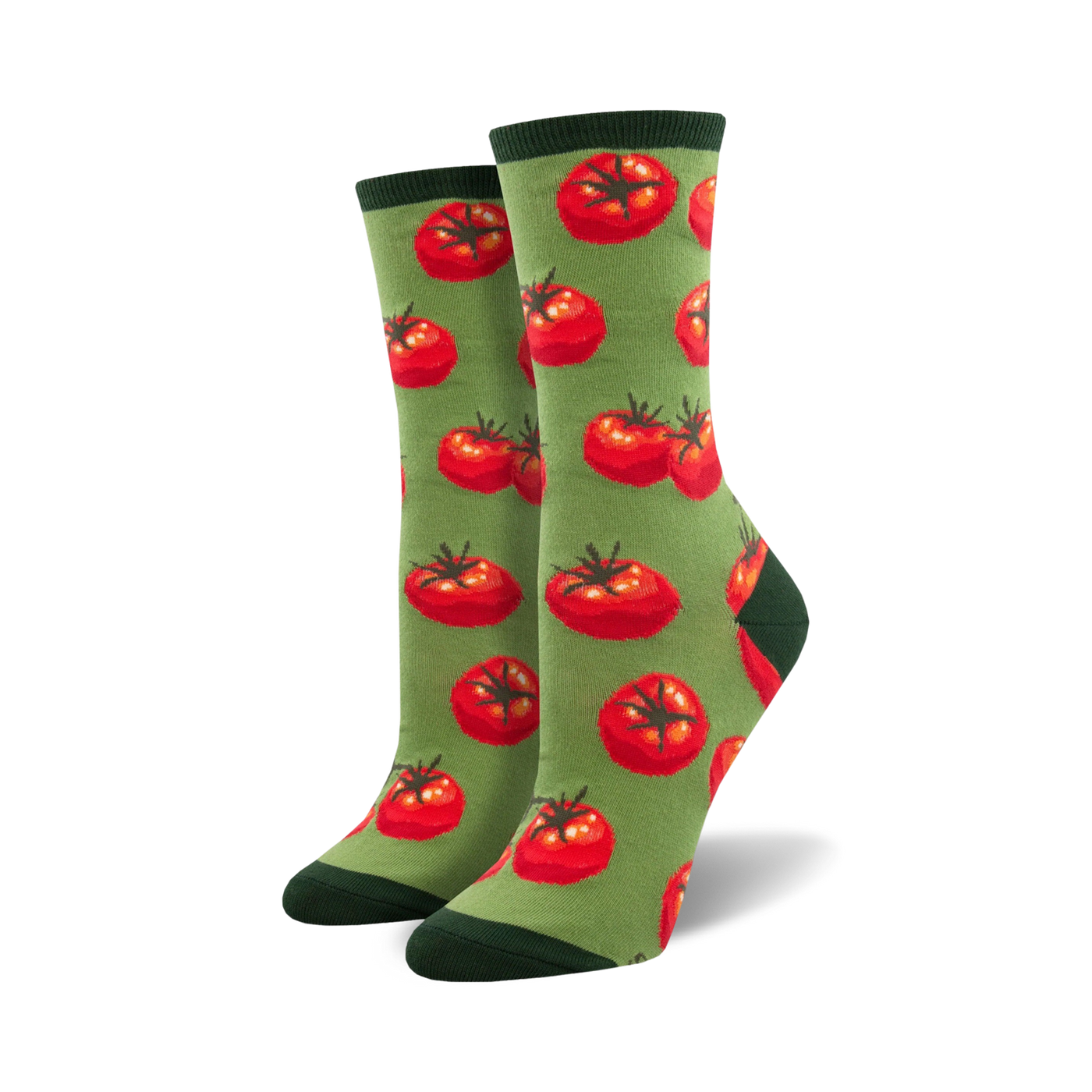Pair of crew socks featuring a whimsical tomato pattern. Available in green and cream with red tomatoes.