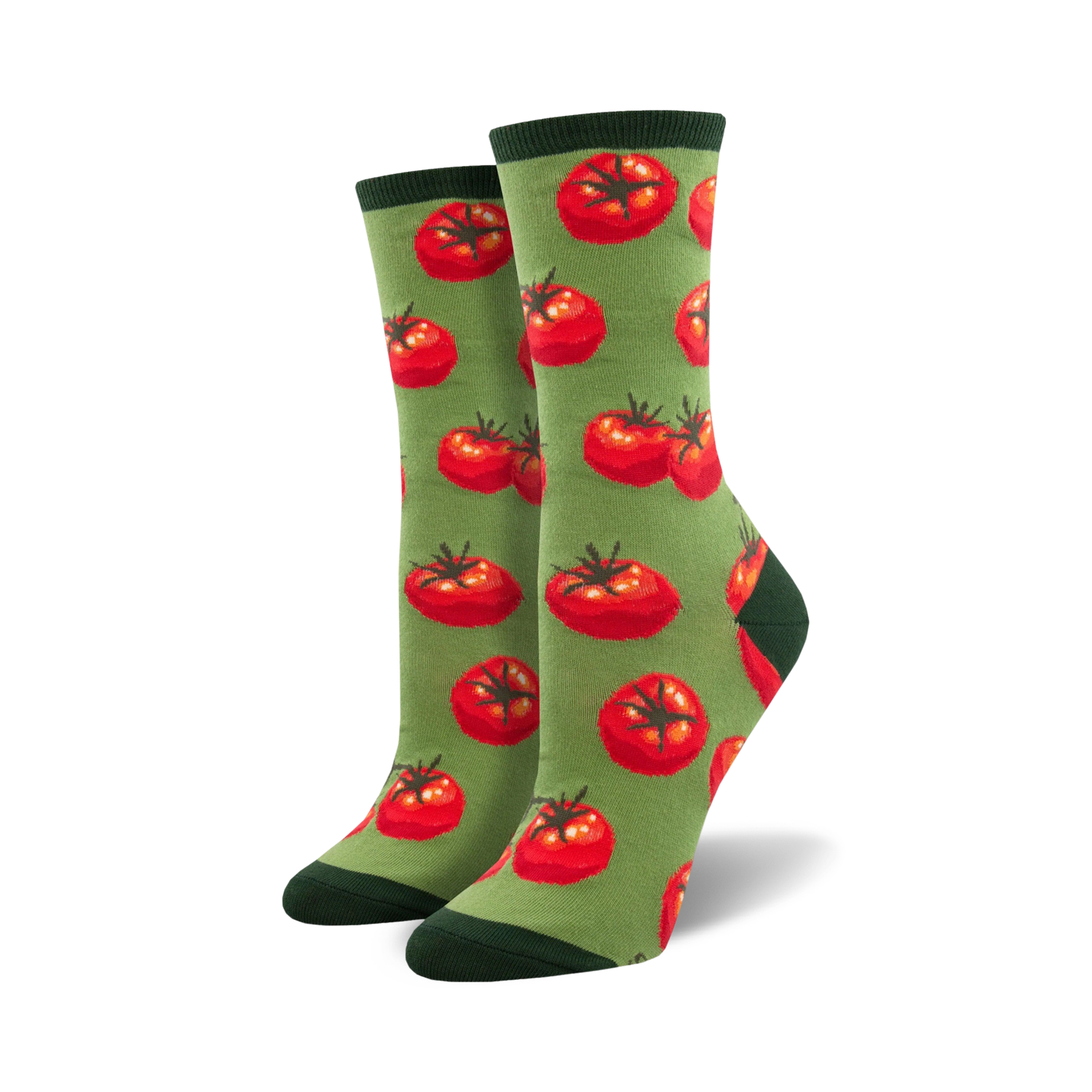 Pair of crew socks featuring a whimsical tomato pattern. Available in green and cream with red tomatoes.