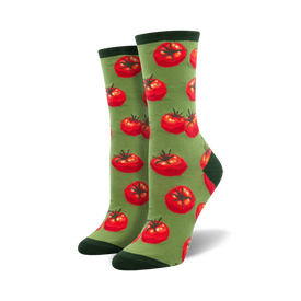 crew-length tomato socks with yellow centers and green stems on a green background. gardening theme, women.   