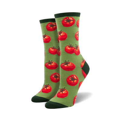 crew-length tomato socks with yellow centers and green stems on a green background. gardening theme, women.   