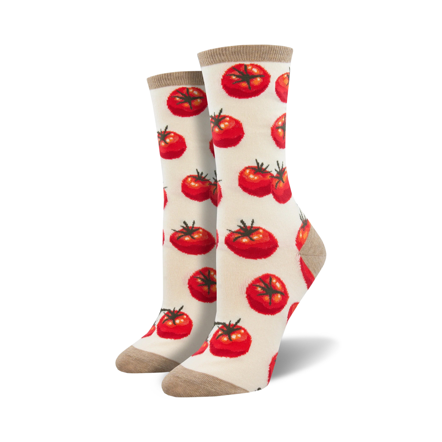 Close-up view of a pair of cream-colored crew socks with a red tomato pattern. The socks have a beige cuff.
