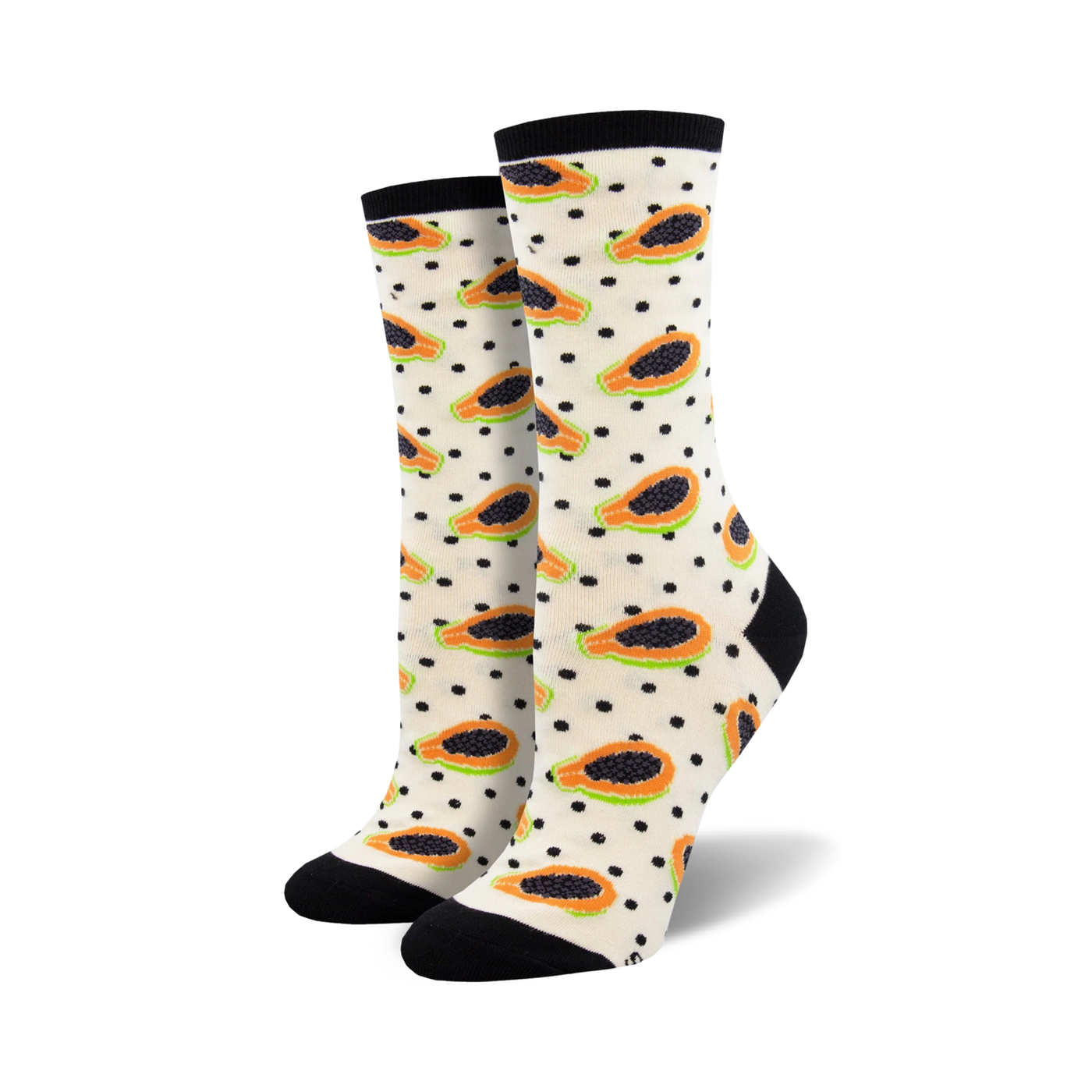 Pair of cream crew socks with orange papaya slices and black polka dots. Black heel and toe.