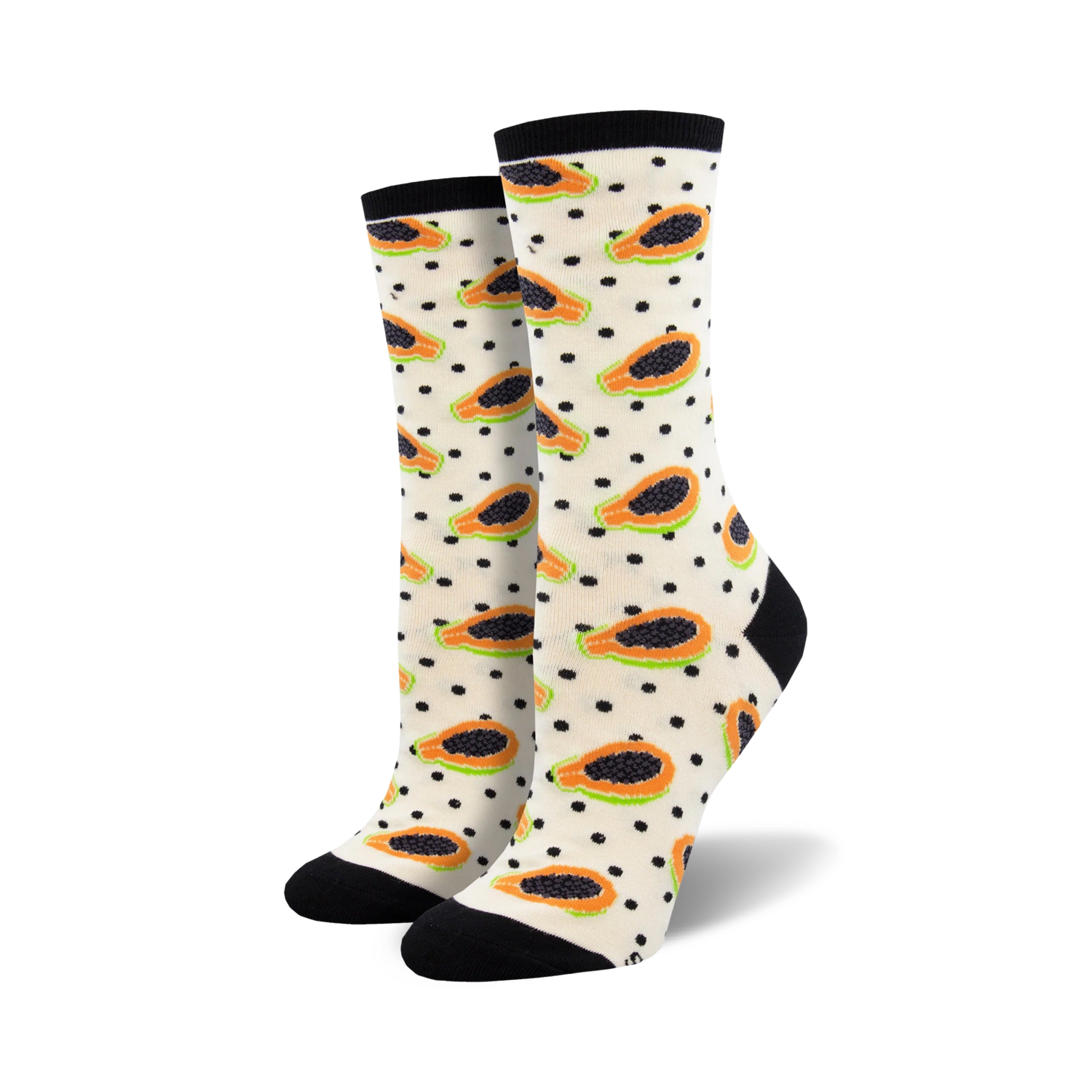 Pair of cream crew socks with orange papaya slices and black polka dots. Black heel and toe.