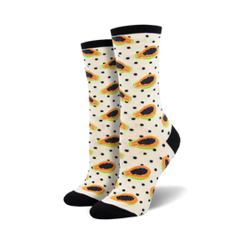 white with black polka dot crew socks featuring a fun orange and green papaya pattern.  