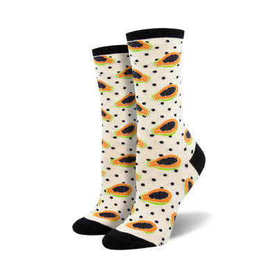 white with black polka dot crew socks featuring a fun orange and green papaya pattern.  