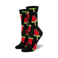 Pair of crew socks with a repeating pattern of watermelon popsicles.  The popsicles are red, pink, green, and black on a black or navy background.