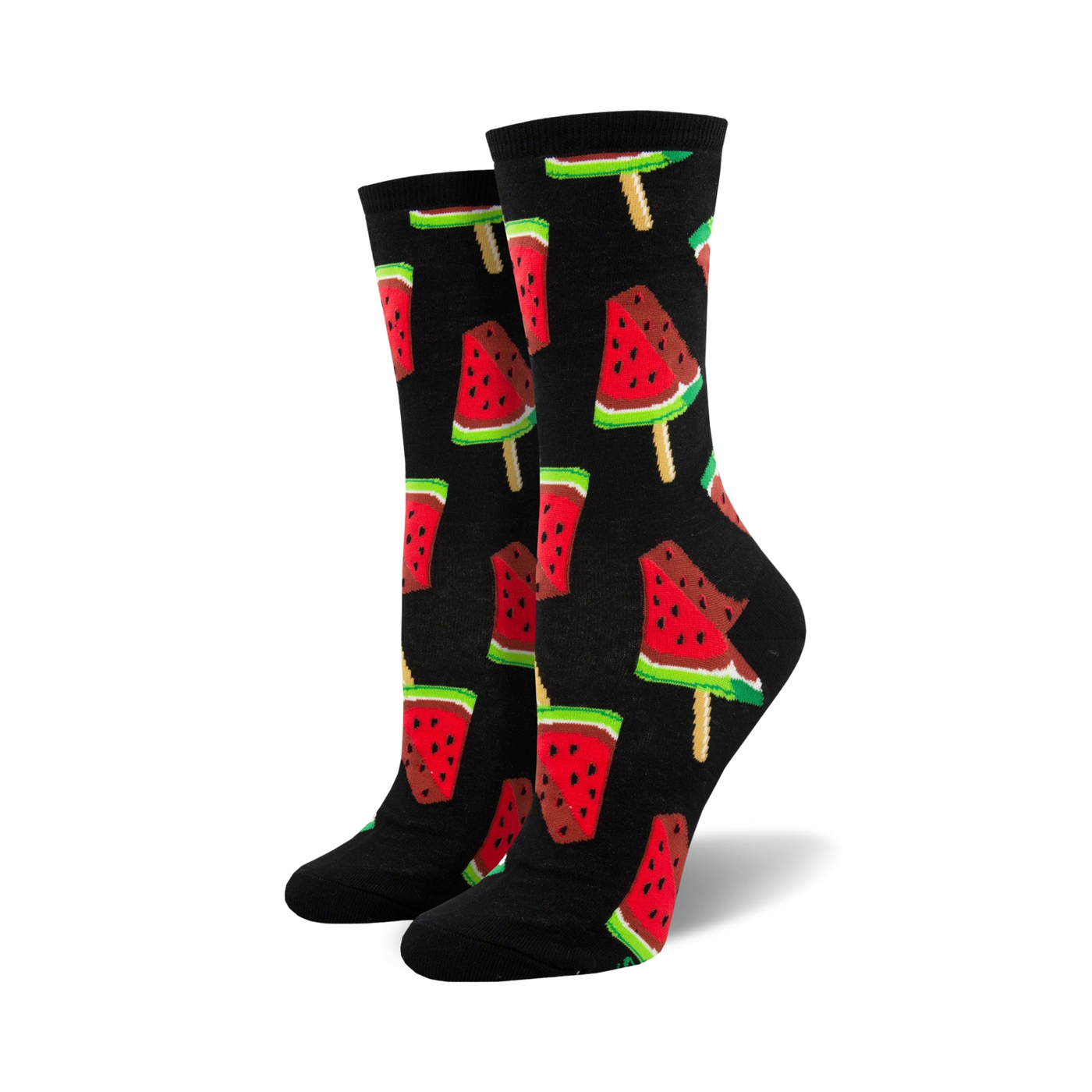 Pair of crew socks with a repeating pattern of watermelon popsicles.  The popsicles are red, pink, green, and black on a black or navy background.