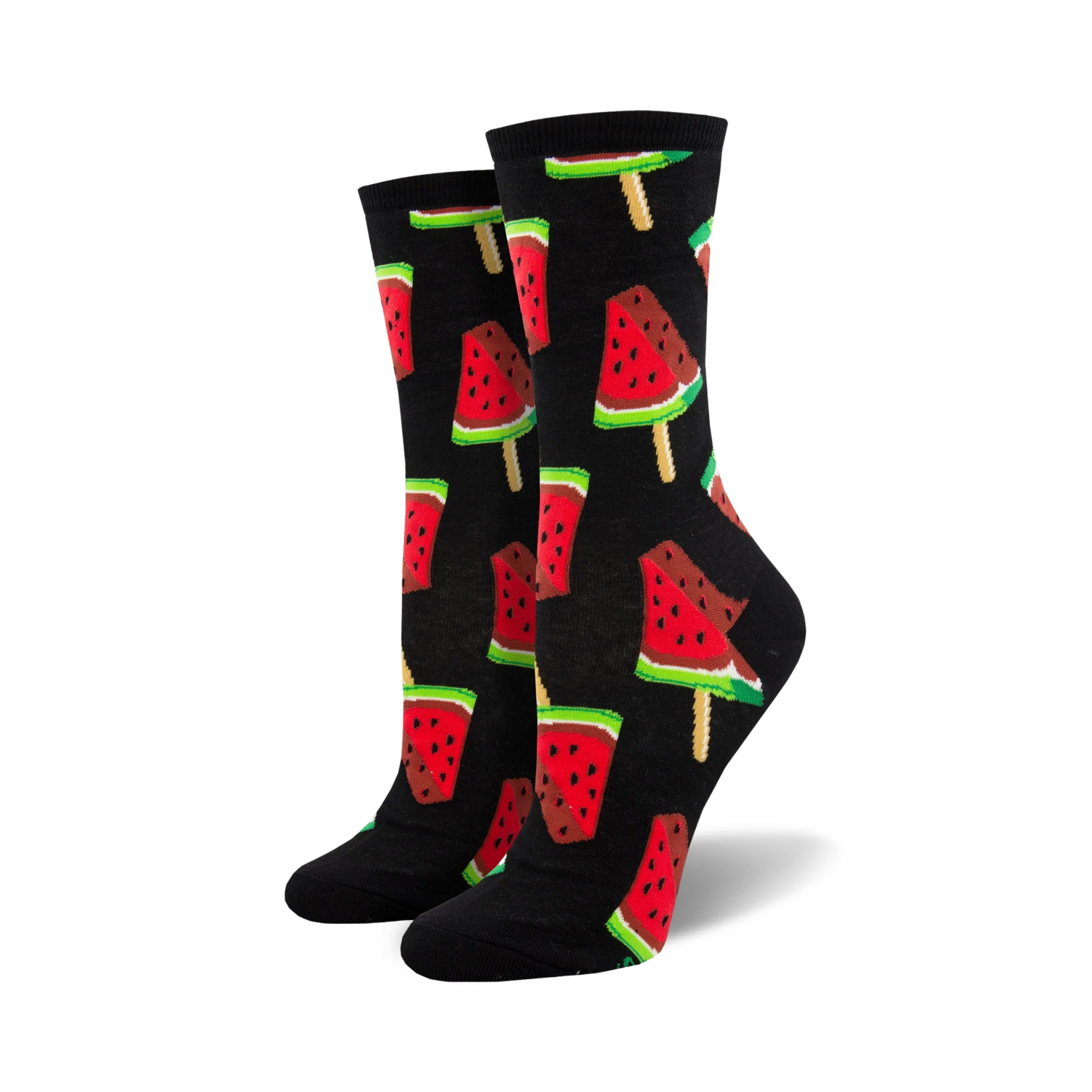 Pair of crew socks with a repeating pattern of watermelon popsicles.  The popsicles are red, pink, green, and black on a black or navy background.