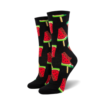 black crew socks with a red and green watermelon popsicle pattern for women.  