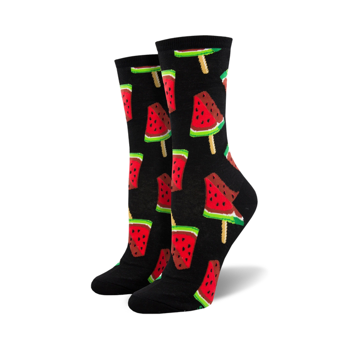 black crew socks with a red and green watermelon popsicle pattern for women.  