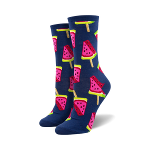 womens watermelon socks with pink watermelons, black seeds & green rind on a dark blue background.   
