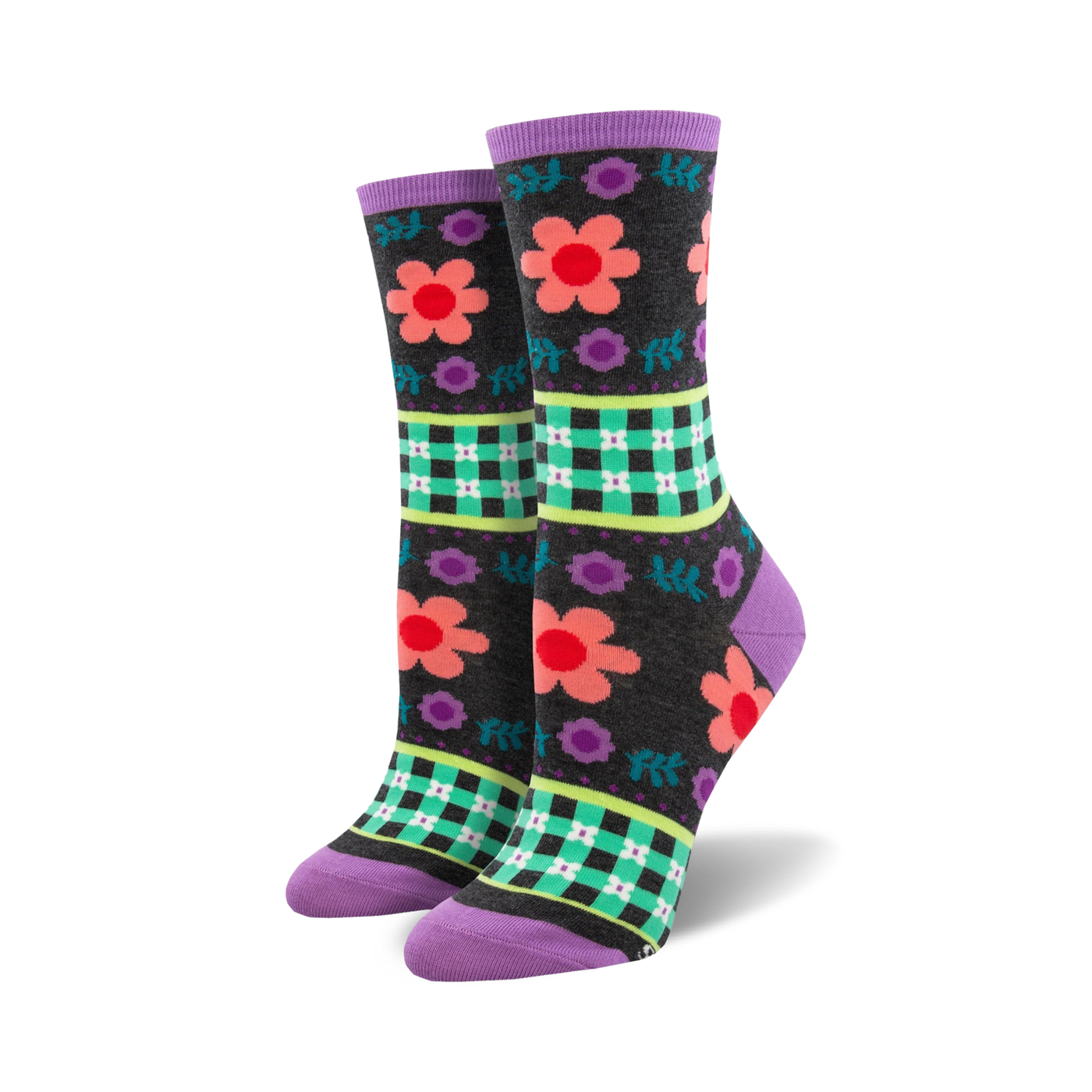 A pair of women's crew socks in dark gray with a pattern of coral and purple flowers, green gingham, and purple accents.