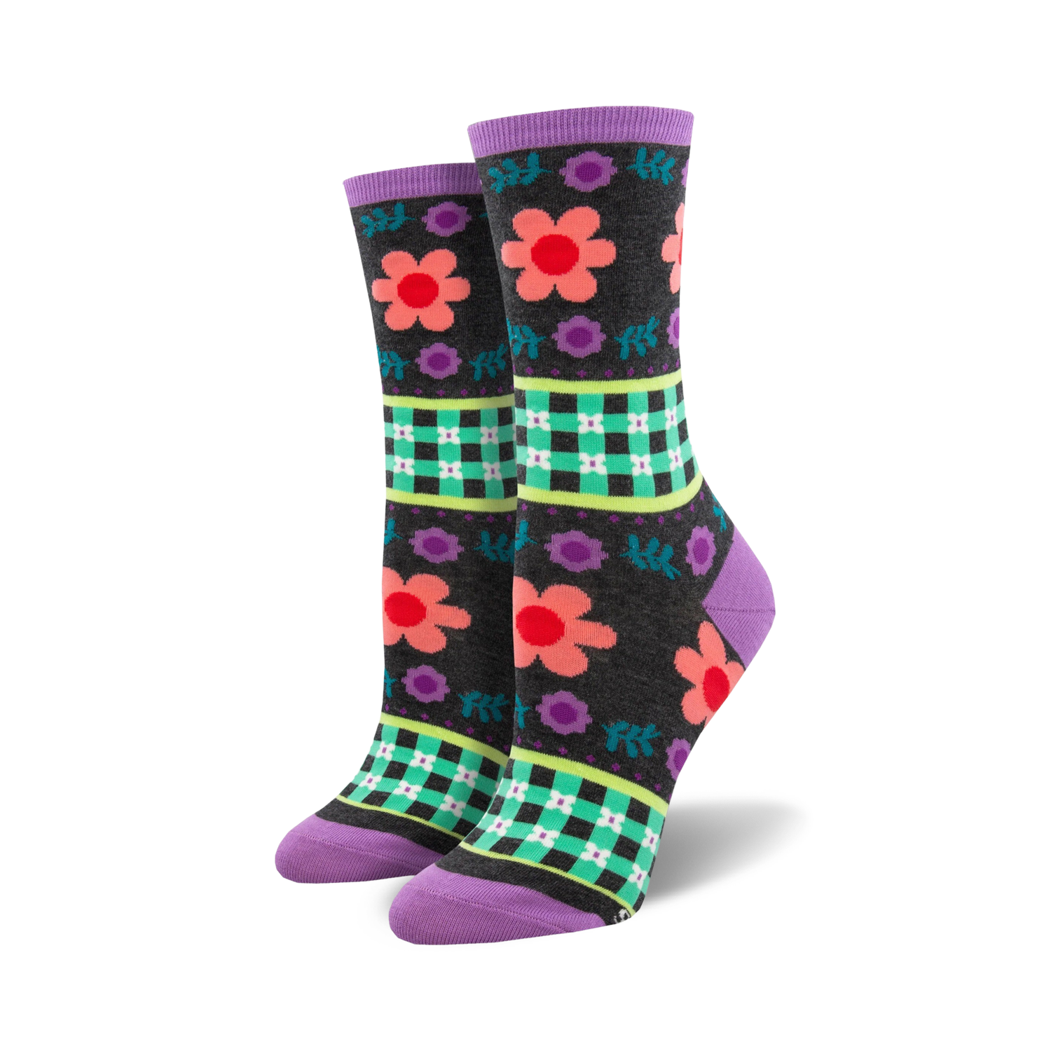 A pair of women's crew socks in dark gray with a pattern of coral and purple flowers, green gingham, and purple accents.