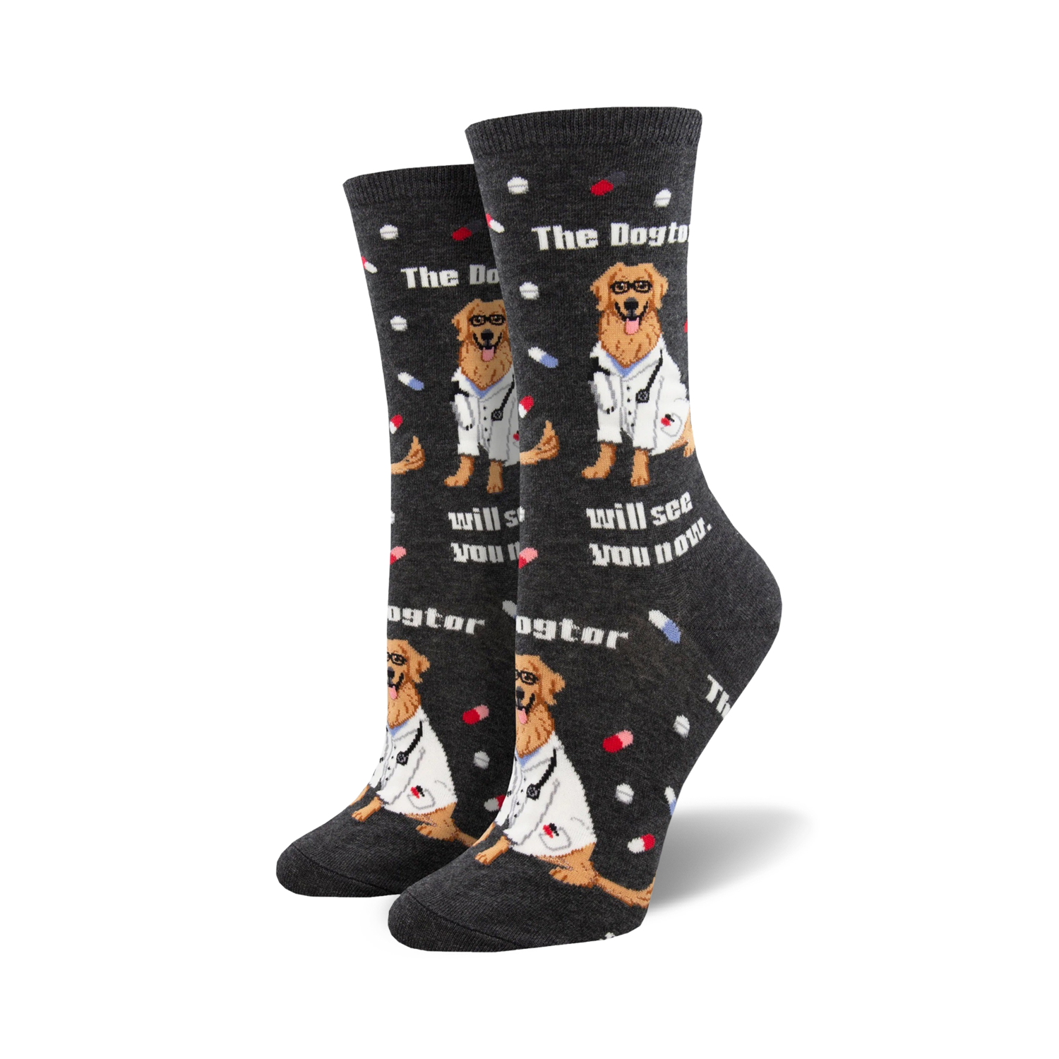 Pair of crew socks; dark gray and blue options; Golden Retriever wearing doctor's coat, pills, and text 'The Dogtor Is In' and 'Will see you now.'
