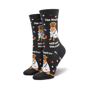 fun black crew socks with a pattern of cartoon vet dogs and red and white pills.  