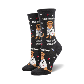 the dogtor is in dog themed womens grey novelty crew socks