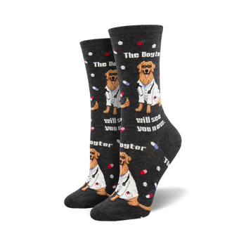 fun black crew socks with a pattern of cartoon vet dogs and red and white pills.  