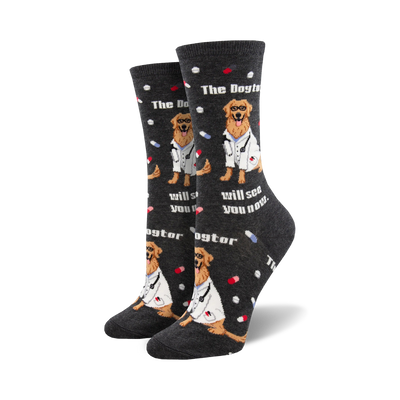 fun black crew socks with a pattern of cartoon vet dogs and red and white pills.  