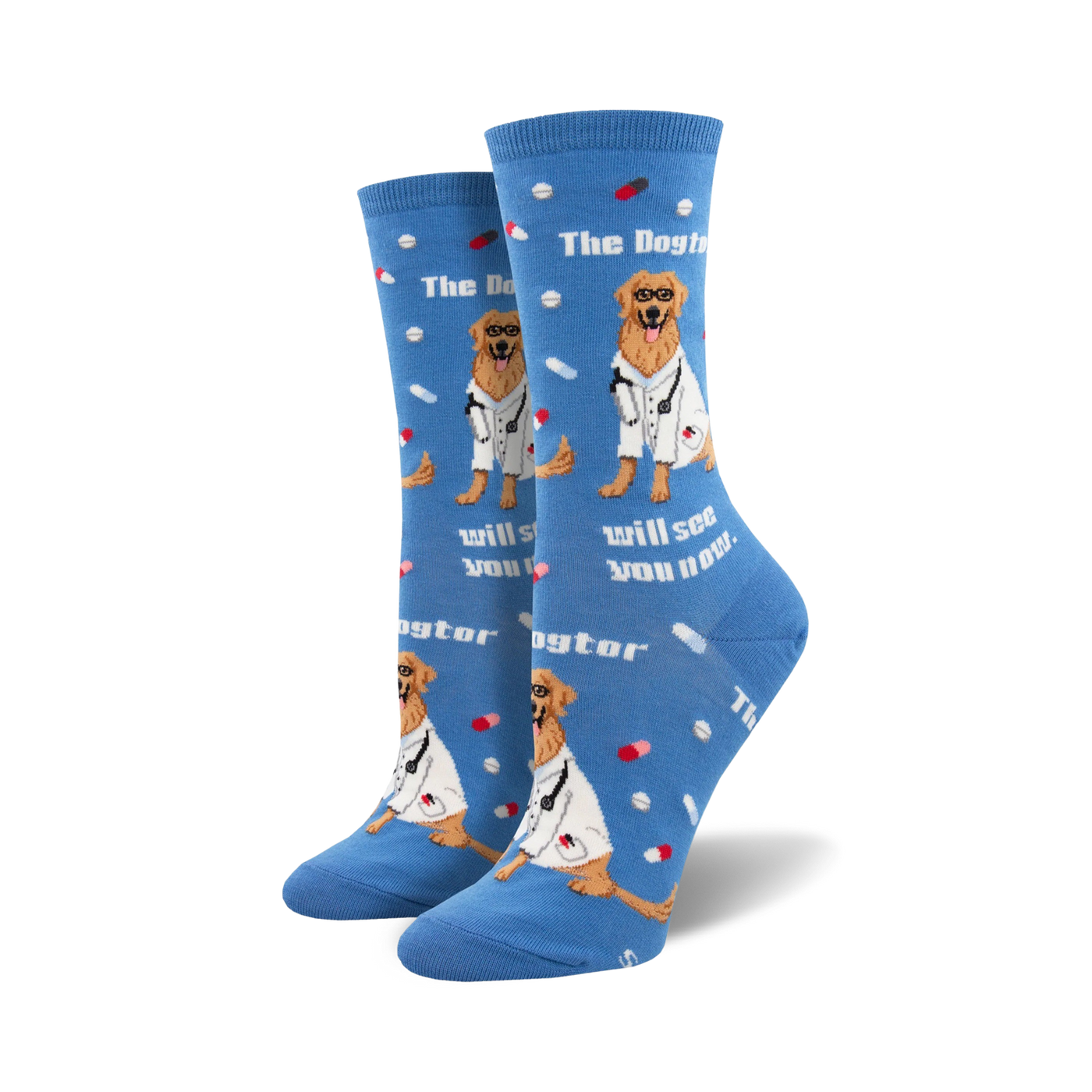 Lifestyle shot: Model wearing blue 'The Dogtor Is In' socks. Shows the socks' fit and style on a foot.