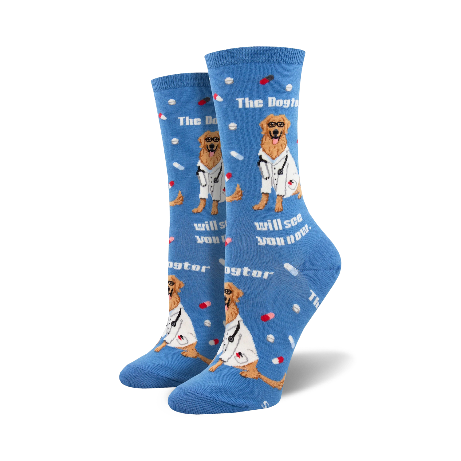 Lifestyle shot: Model wearing blue 'The Dogtor Is In' socks. Shows the socks' fit and style on a foot.