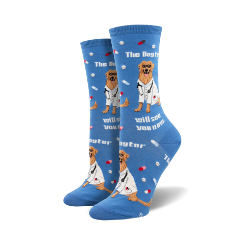 Lifestyle shot: Model wearing blue 'The Dogtor Is In' socks. Shows the socks' fit and style on a foot.