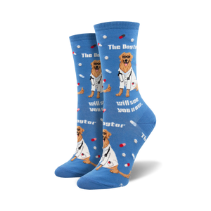 blue crew socks with golden retriever dogs in lab coats and stethoscopes. text reads 