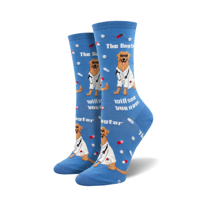blue crew socks with golden retriever dogs in lab coats and stethoscopes. text reads 