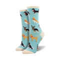Pair of crew socks, light blue and cream, featuring a repeating pattern of illustrated Chihuahuas in various colors.