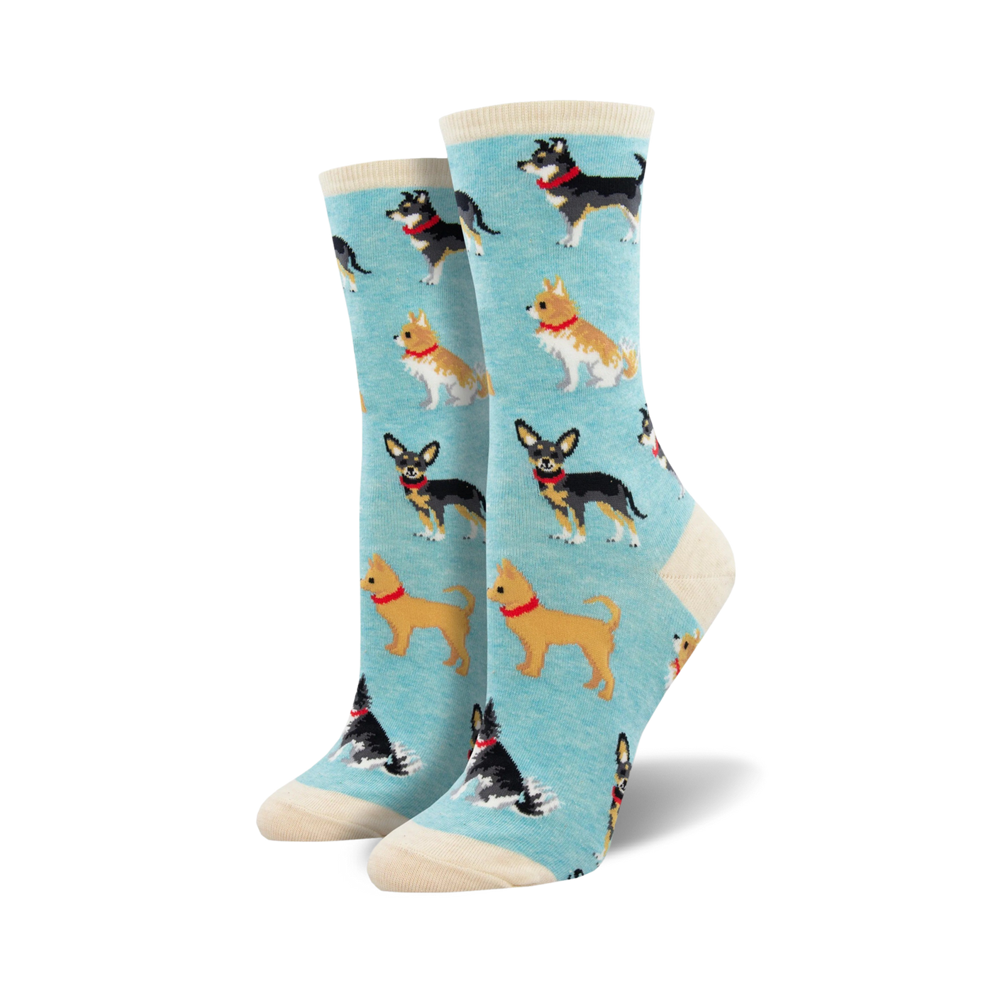 Pair of crew socks, light blue and cream, featuring a repeating pattern of illustrated Chihuahuas in various colors.