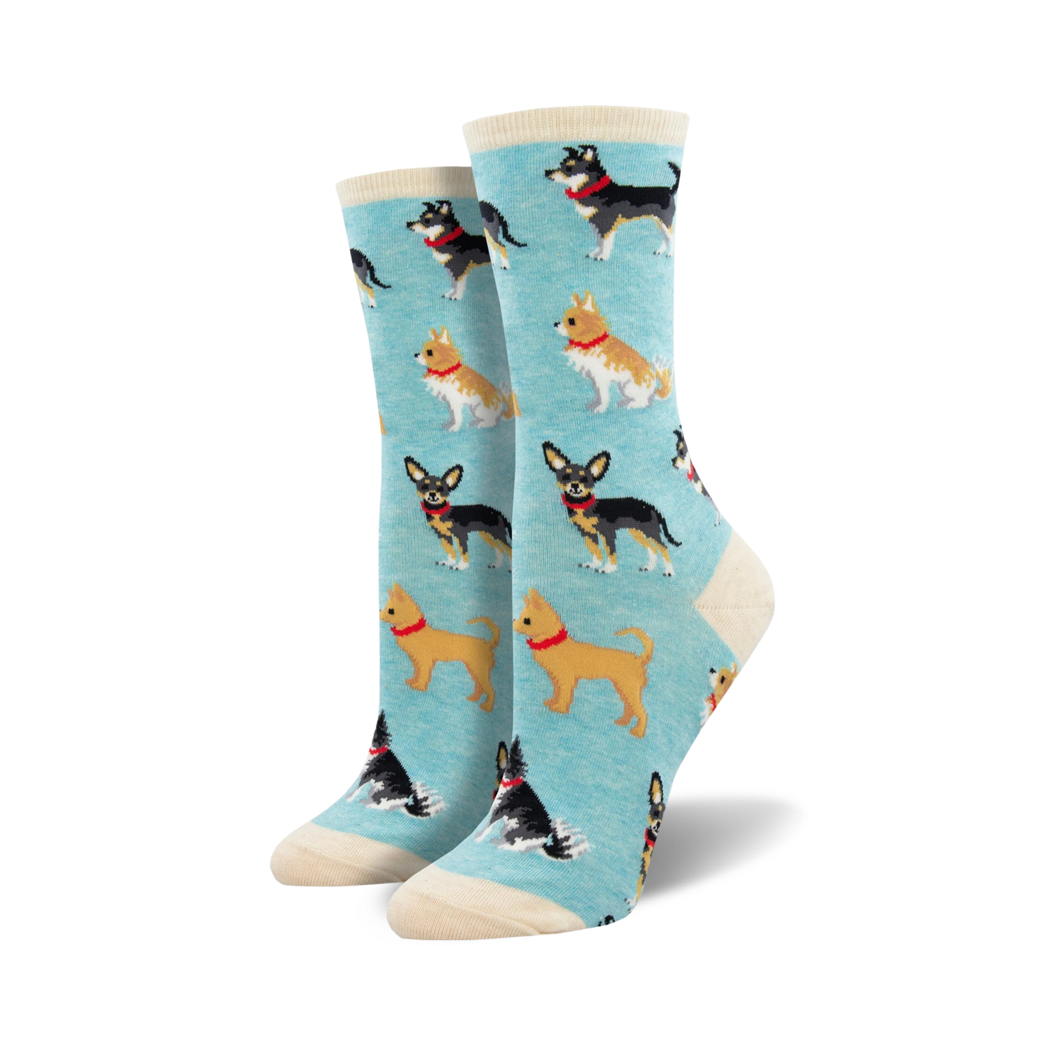 Pair of crew socks, light blue and cream, featuring a repeating pattern of illustrated Chihuahuas in various colors.