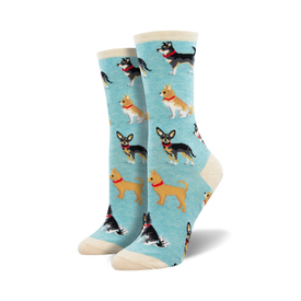  blue crew socks with an allover pattern of cartoon dogs wearing red collars and tags. perfect for dog lovers.  