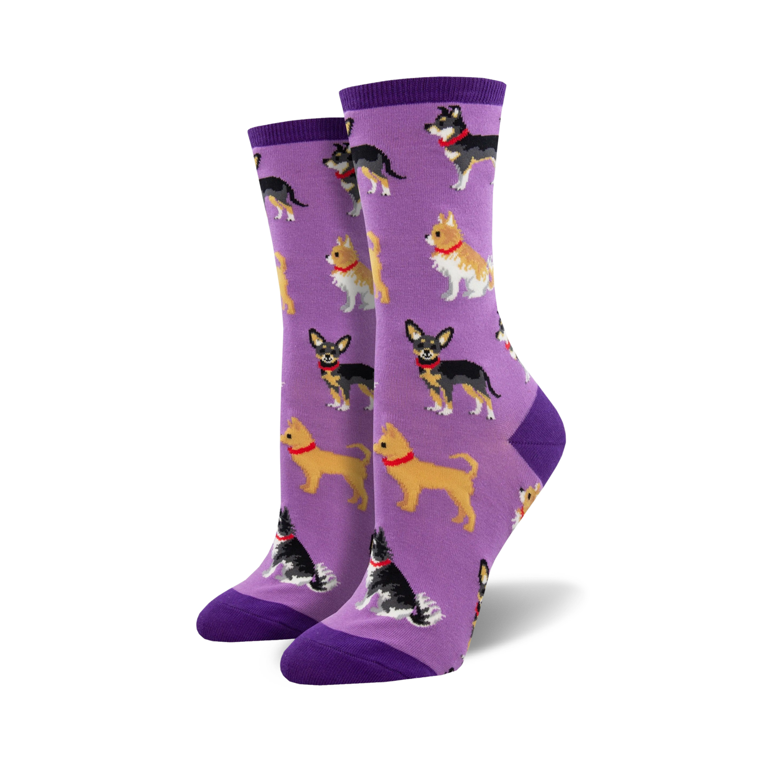 Lifestyle shot of Doggy Style socks on a model's feet, showing off the purple socks with Chihuahua design.