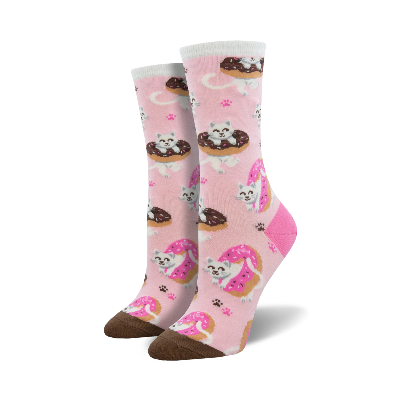 Pair of women's crew socks. Pink and teal background with white kittens in chocolate donuts.  Paw prints decorate the socks.