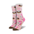 Pair of women's crew socks. Pink and teal background with white kittens in chocolate donuts.  Paw prints decorate the socks.