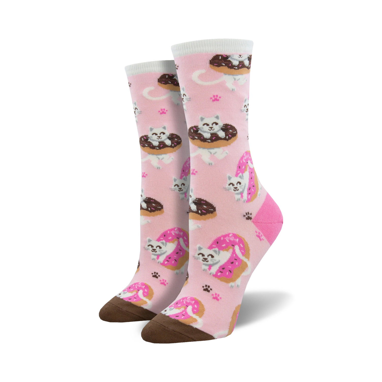 Pair of women's crew socks. Pink and teal background with white kittens in chocolate donuts.  Paw prints decorate the socks.