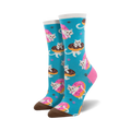 Lifestyle shot of model wearing teal Sweet Treat Kitties socks.