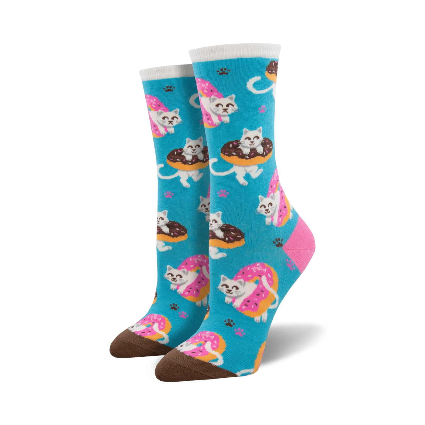 Lifestyle shot of model wearing teal Sweet Treat Kitties socks.