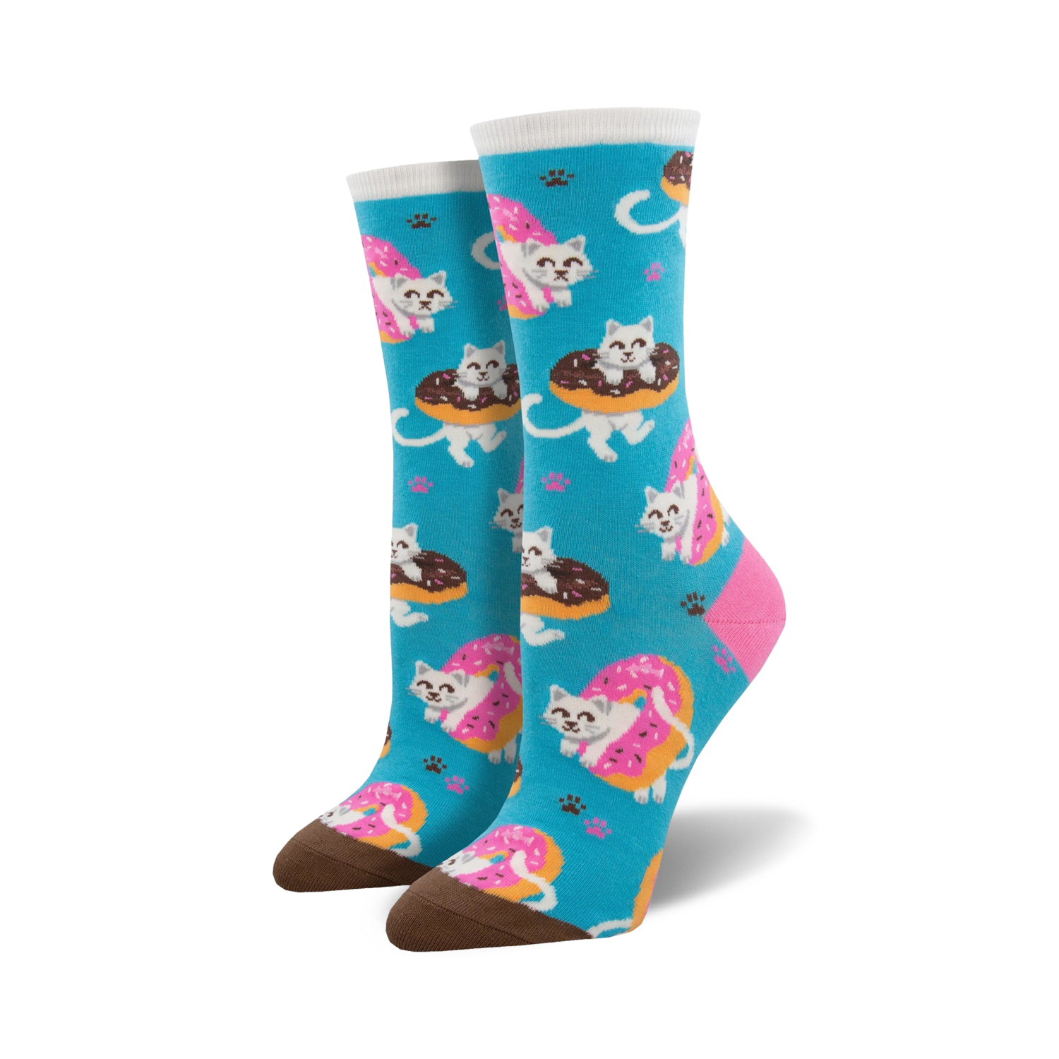 Lifestyle shot of model wearing teal Sweet Treat Kitties socks.