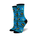 Pair of women's crew socks in blue and black. Features a pattern of black cats with alien eyes and flying saucers.
