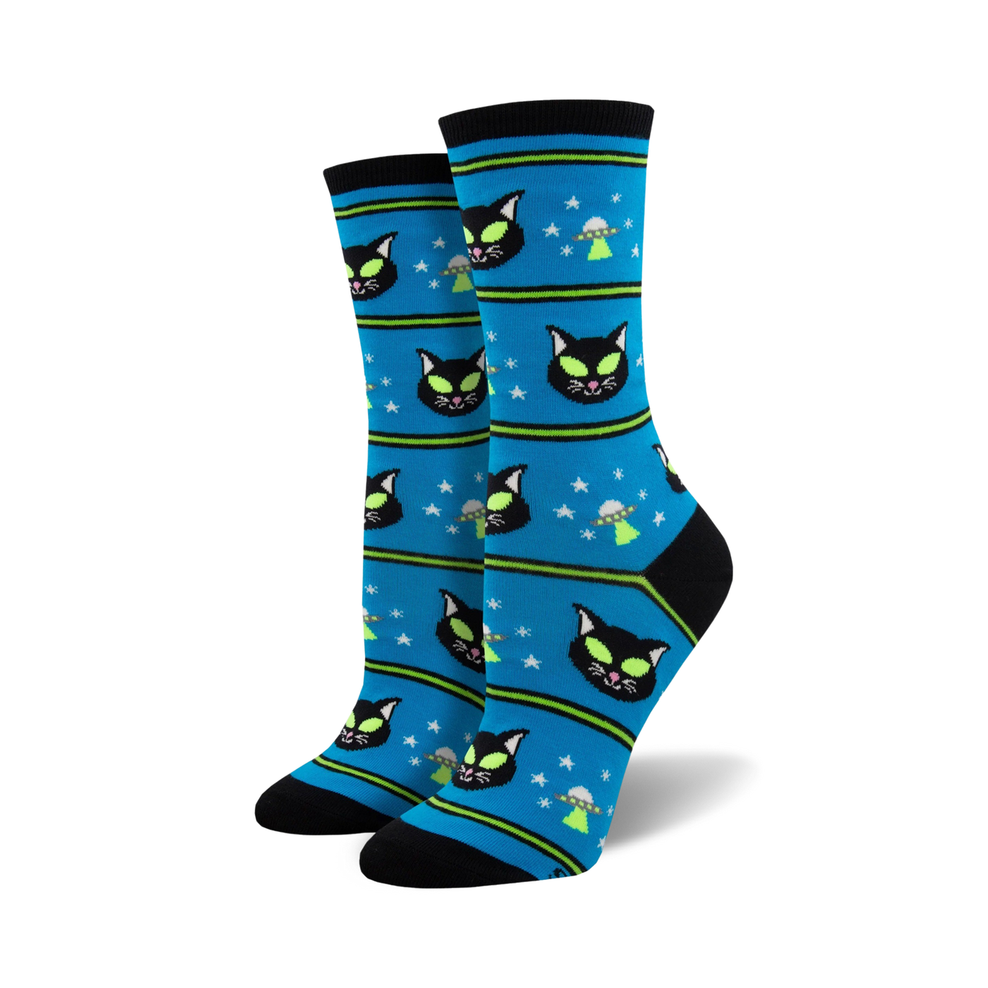 Pair of women's crew socks in blue and black. Features a pattern of black cats with alien eyes and flying saucers.