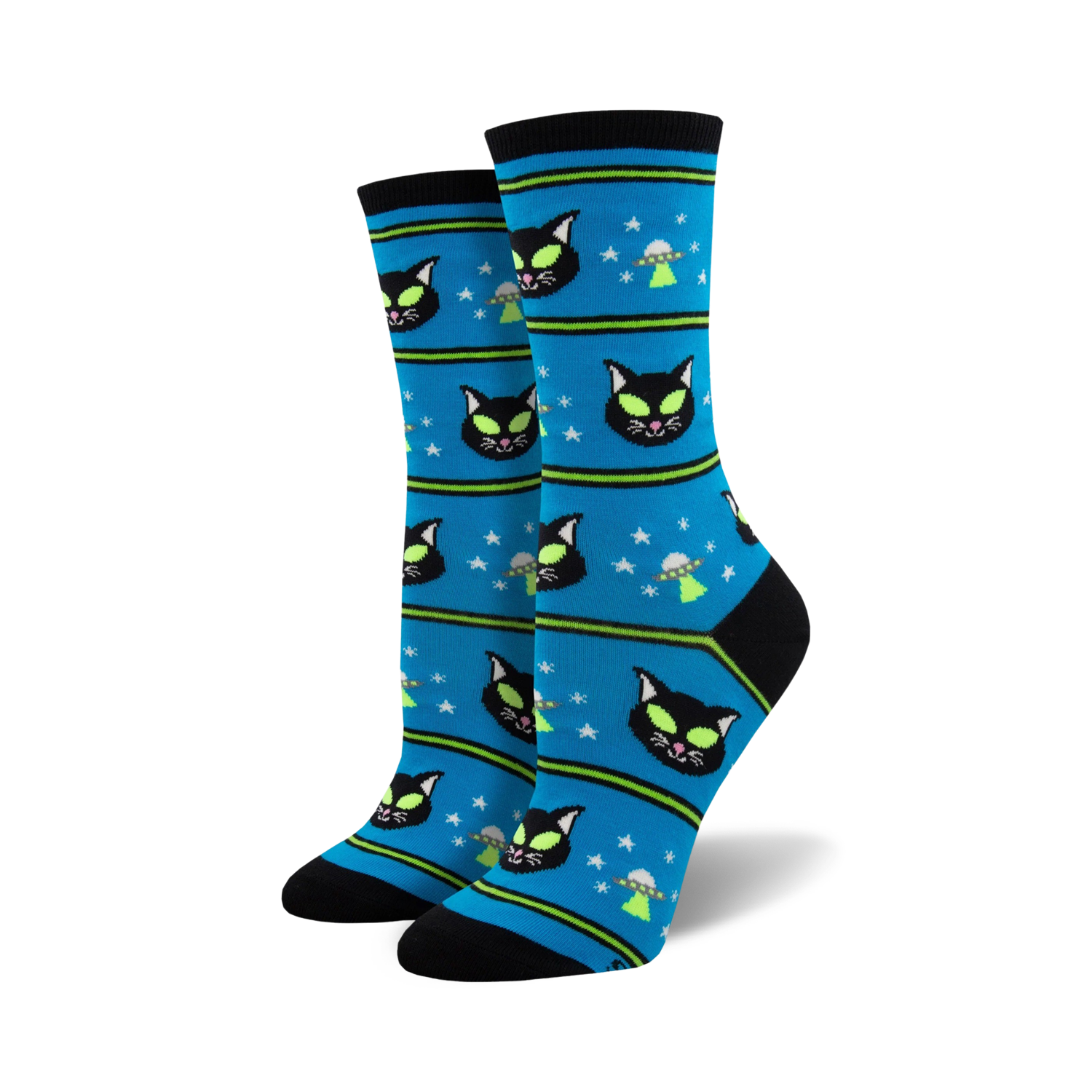 Pair of women's crew socks in blue and black. Features a pattern of black cats with alien eyes and flying saucers.