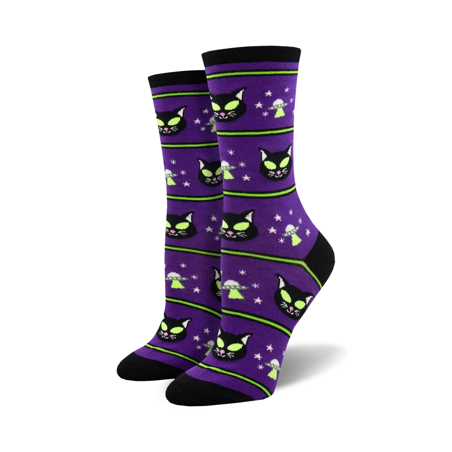 Lifestyle shot of Catlien socks on a person's feet, showcasing the socks' vibrant purple and green design.