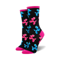 Pair of women's crew socks. Black background with repeating pattern of pink and blue balloon animal dogs. Pink and light blue cuffs.