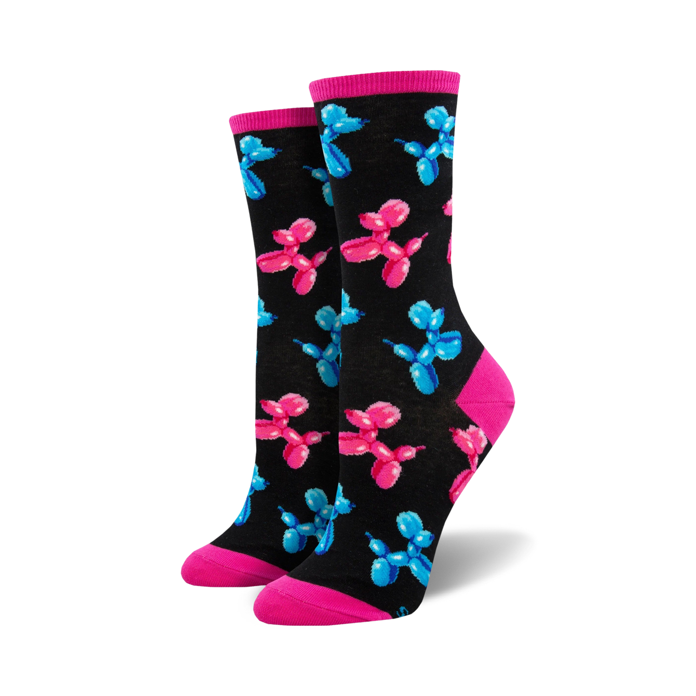 Pair of women's crew socks. Black background with repeating pattern of pink and blue balloon animal dogs. Pink and light blue cuffs.