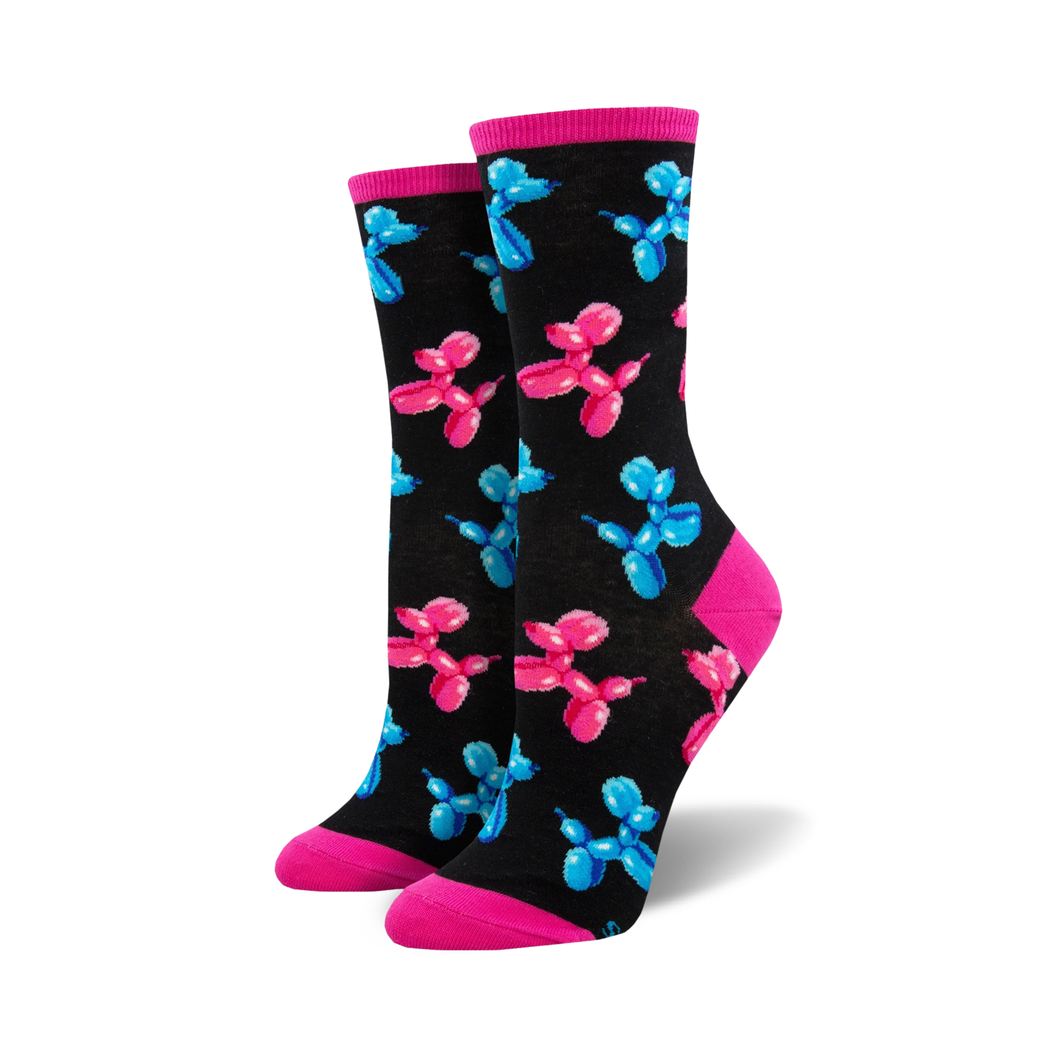 Pair of women's crew socks. Black background with repeating pattern of pink and blue balloon animal dogs. Pink and light blue cuffs.