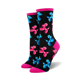 black crew socks with colorful balloon animal pattern, pink toe and heel, black heel band. cute women's socks.  