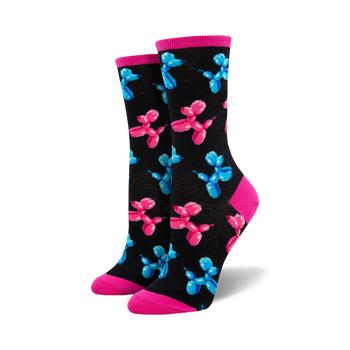 black crew socks with colorful balloon animal pattern, pink toe and heel, black heel band. cute women's socks.  