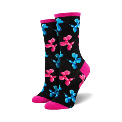 black crew socks with colorful balloon animal pattern, pink toe and heel, black heel band. cute women's socks.  