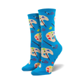 A pair of women's crew socks in bright blue. The design showcases colorful artist palettes, paintbrushes, and small hearts.