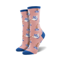 Pair of crew socks in pink and blue, featuring a pattern of teapots pouring tea into cups.